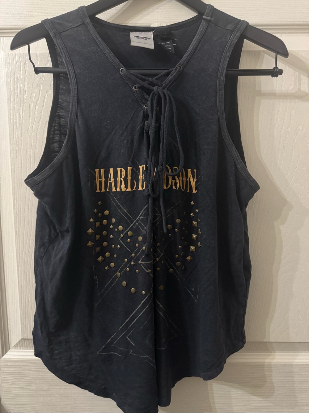 Harley-Davidson Black Tank with Gold Studded Graphic and Lace-Up Neck